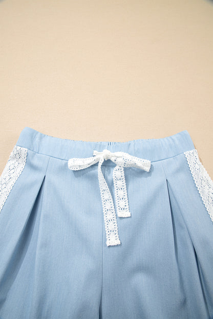 Beau Blue Lace Accent Floral Patched Pocket Pleated Wide Leg Slouchy Pants