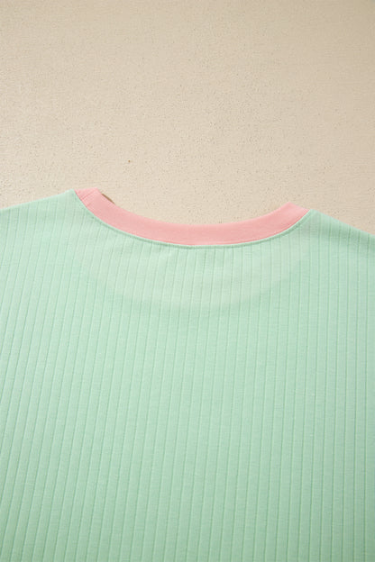 Clearly Aqua Soft Ribbed Color Block Trim Casual Short Set