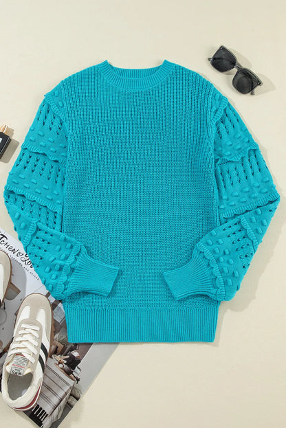 Turquoise Ruffled Eyelet Bubble Sleeve Sweater - Chic Meadow Boutique 