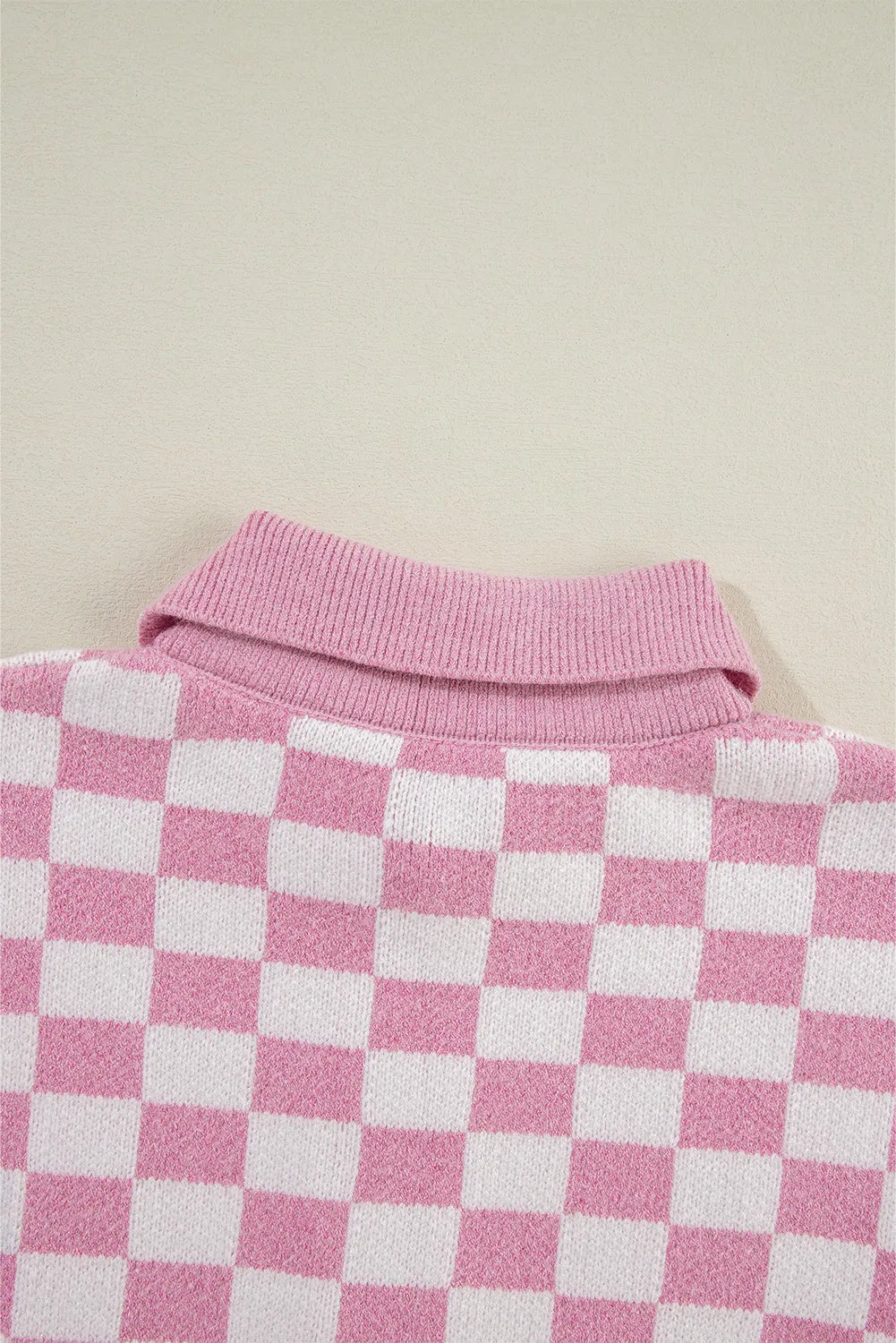 Pink Checkered Buttons Collar V Neck Drop Shoulder Sweater - Chic Meadow Boutique 