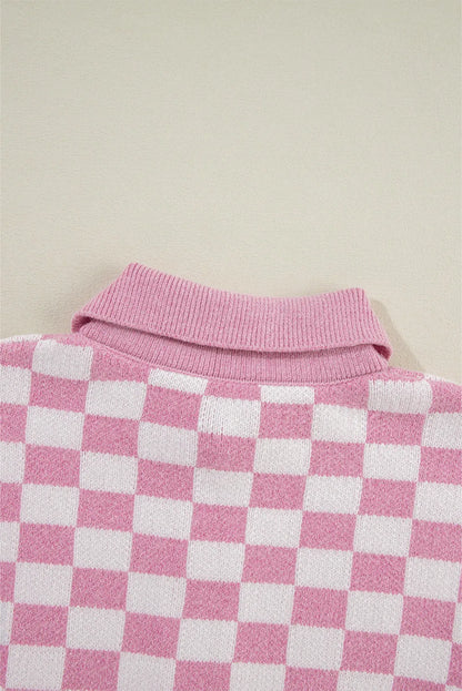 Pink Checkered Buttons Collar V Neck Drop Shoulder Sweater - Chic Meadow Boutique 