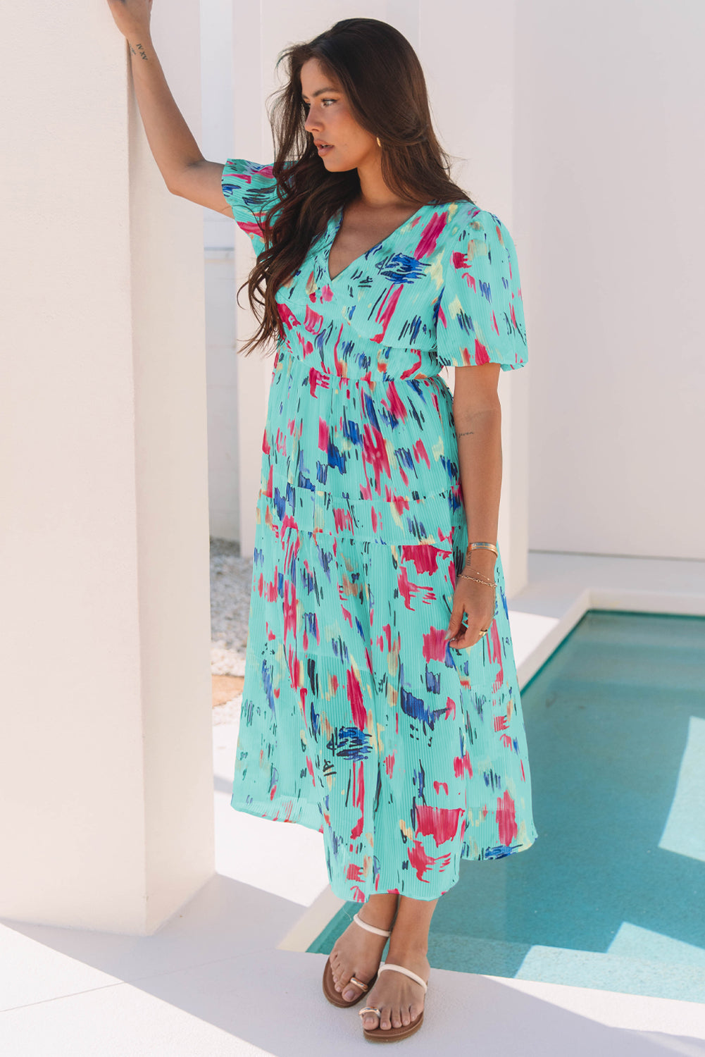 Sky Blue Abstract Print Short Puff Sleeve Tiered Maxi Dress