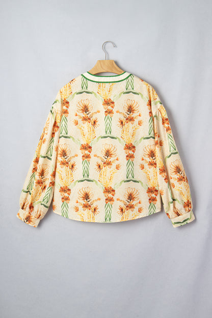Yellow Floral Print V Neck Long Sleeve Shirt