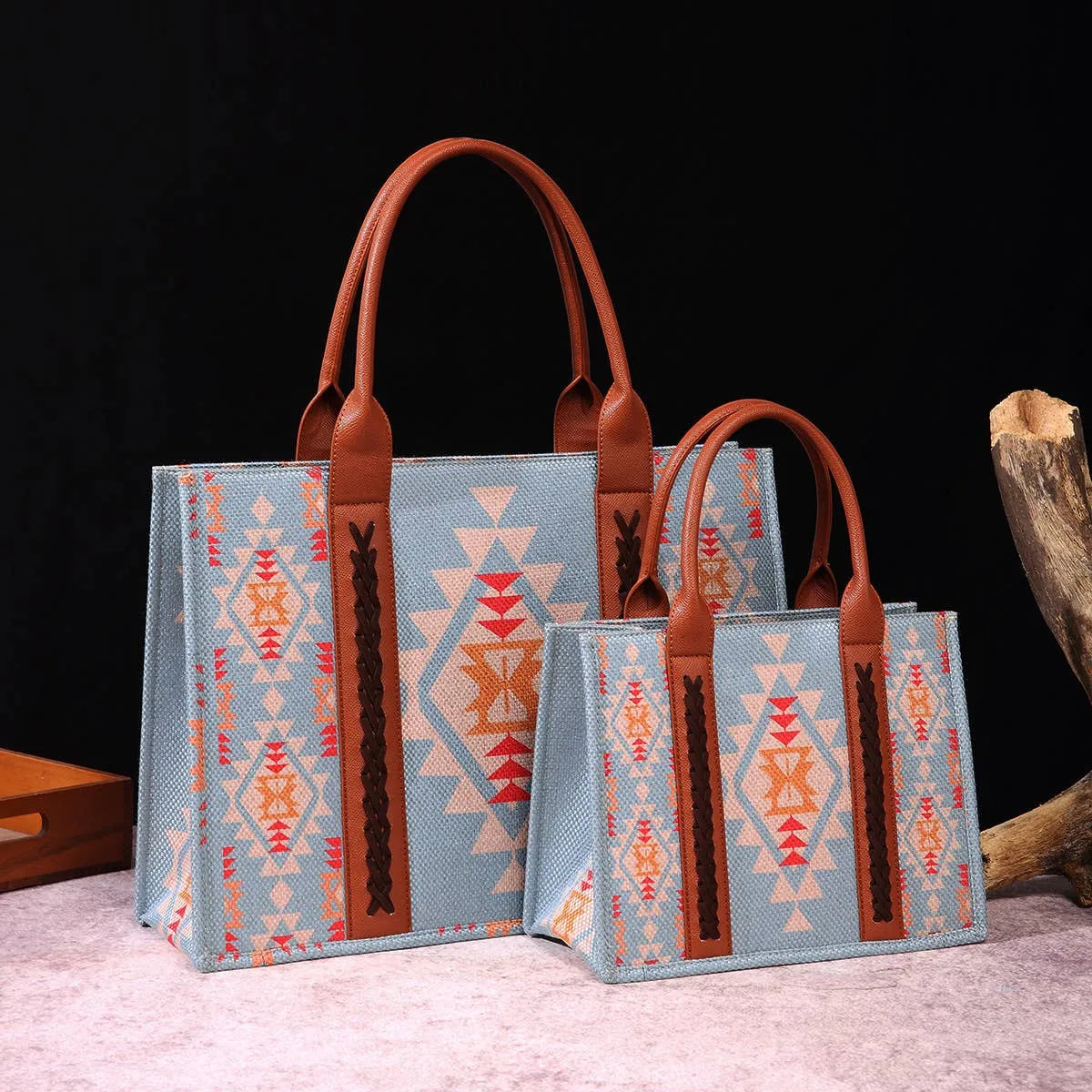 Women's Crossbody Bag Bohemian Retro Western Printed Handbag - Light Blue and Brown - Chic Meadow Boutique 