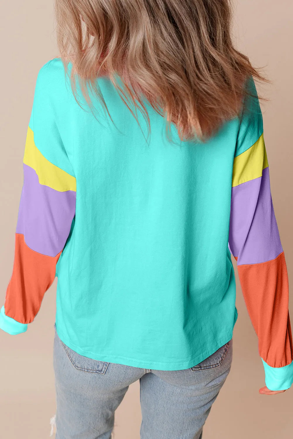 Light Blue Colorblock Patchwork Long Sleeve Loose Top - Chic Meadow Boutique 