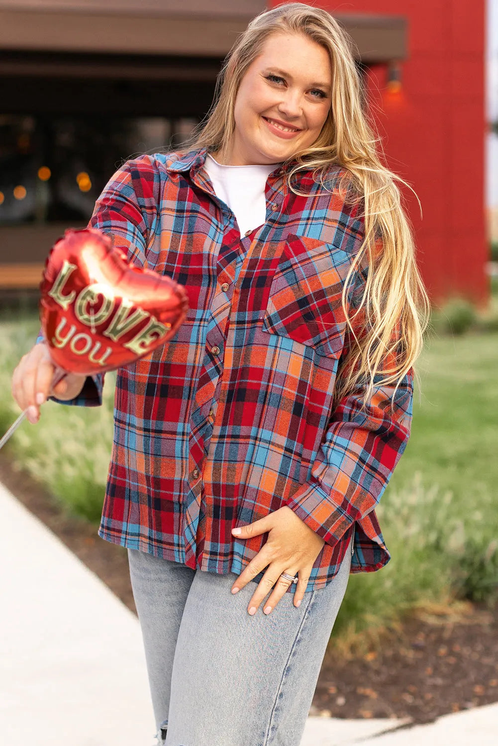 Red Plus Size Plaid Print Buttoned Shirt - Chic Meadow Boutique 