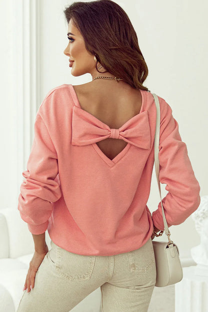 Pale Chestnut Bowknot Dewback Round Neck Sweatshirt - Chic Meadow Boutique 