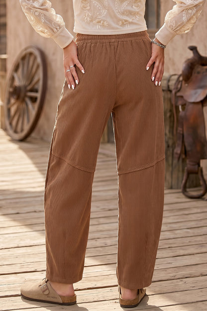 Coffee Corduroy Elastic Waist Drawstring Cargo Pants