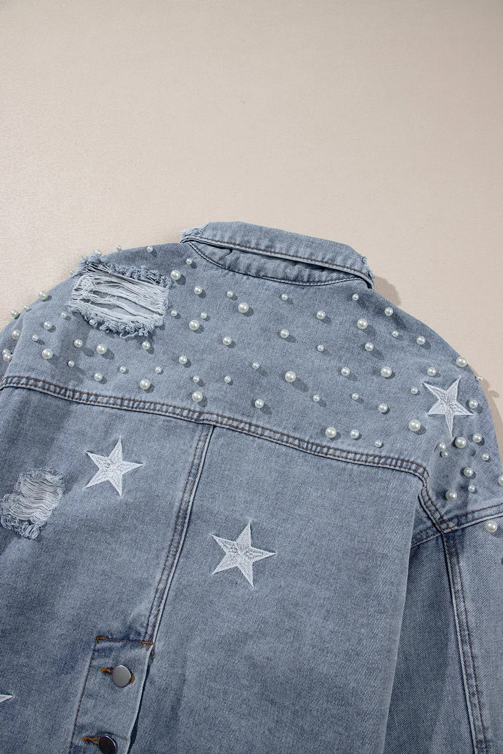 Sky Blue Distressed Pearls Star Cropped Denim Jacket - Chic Meadow Boutique 