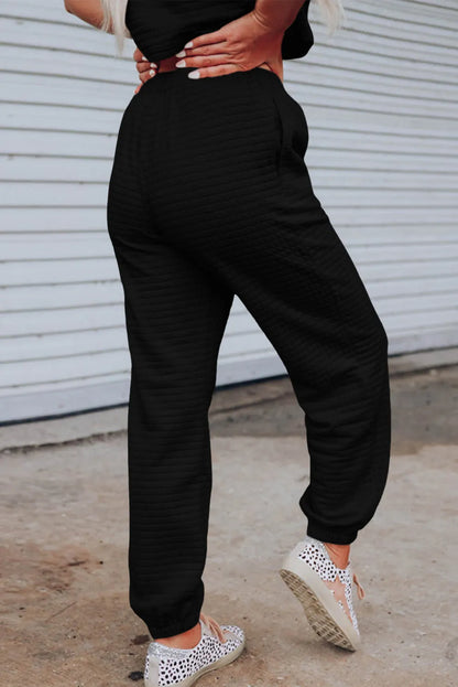 Black Lattice Textured Cropped Tee and Jogger Pants Set - Chic Meadow Boutique 