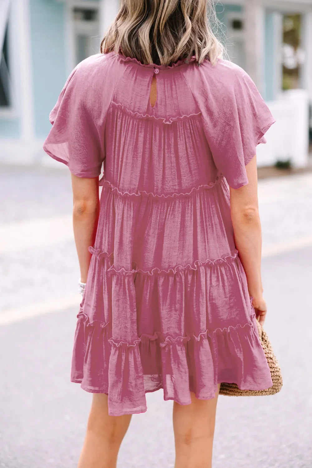 Rose Red Short Sleeve Tiered Frilly Mini Dress - Chic Meadow Boutique 