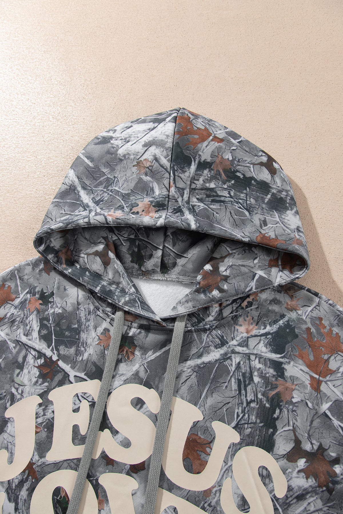 Beige Woodland Camouflage Print JESUS LOVES YOU Tunic Hoodie