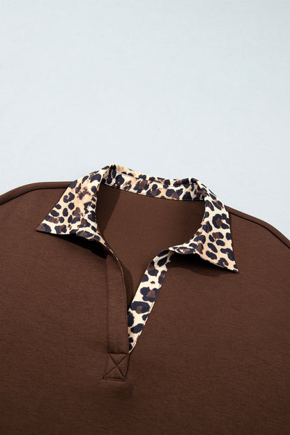 Coffee Leopard Patchwork Collar Long Sleeve Dress