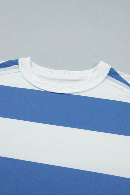 Blue Stripe Raw Seam Shoulder Detail Casual Tee Dress