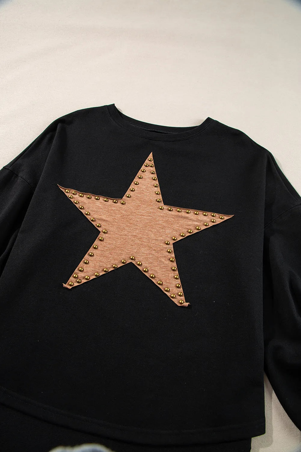 Black Studded Star Graphic Oversized Long Sleeve Top - Chic Meadow Boutique 