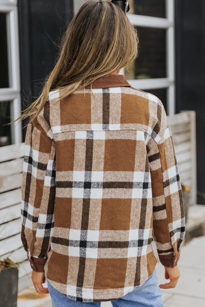 Brown Pocketed Buttoned Plaid Shirt Jacket - Chic Meadow Boutique 