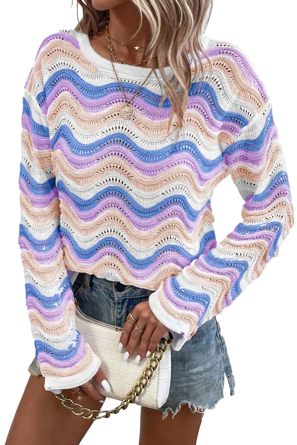 Purple Stripe Wavy Pointelle Knit Drop Shoulder Sweater - Chic Meadow Boutique 