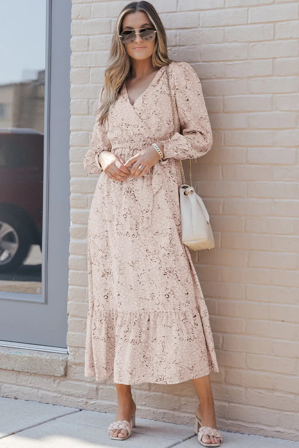 Leopard Surplice Neck Bubble Sleeve Maxi Dress with Sash - Chic Meadow Boutique 