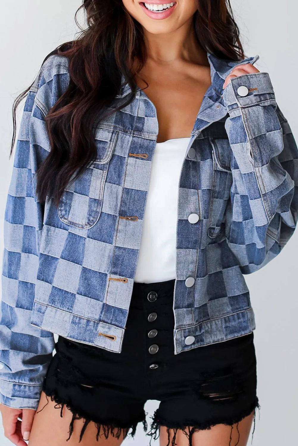 Light Blue Checkered Patchwork Button up Denim Jacket - Chic Meadow Boutique 