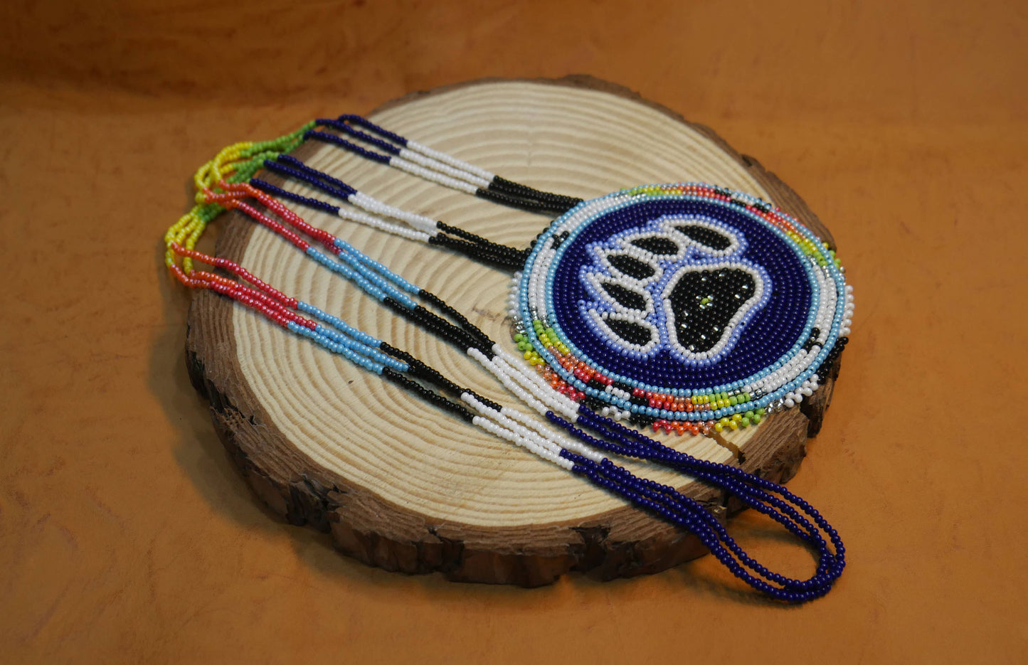 Native American Beaded Blue Bear-Paw  medallions Necklace