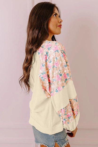 Tops/Blouses & Shirts Apricot Textured Floral Patchwork Balloon Sleeve Blouse