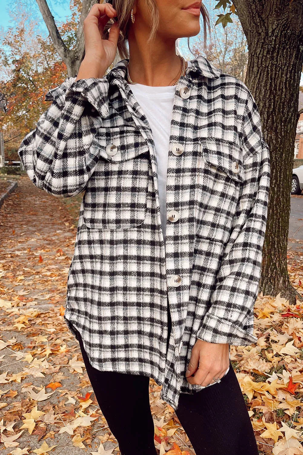 Black Plaid Print Chest Pockets Buttoned Tunic Shacket - Chic Meadow Boutique 