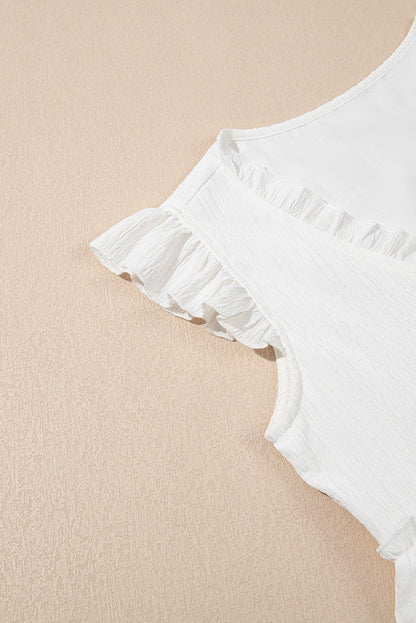 White Textured Ruffled Trim V Neck Flutter Flowy Top