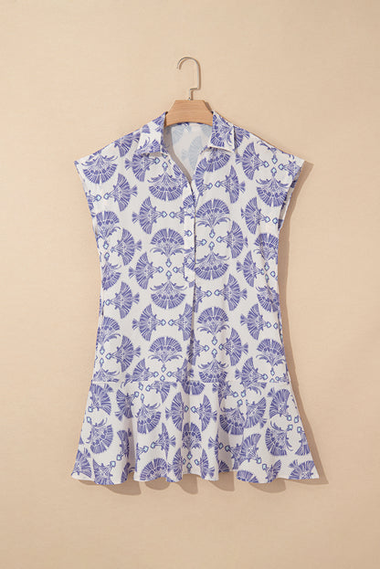 Sky Blue Printed Shirt Collar Half Button A-line Mini Dress