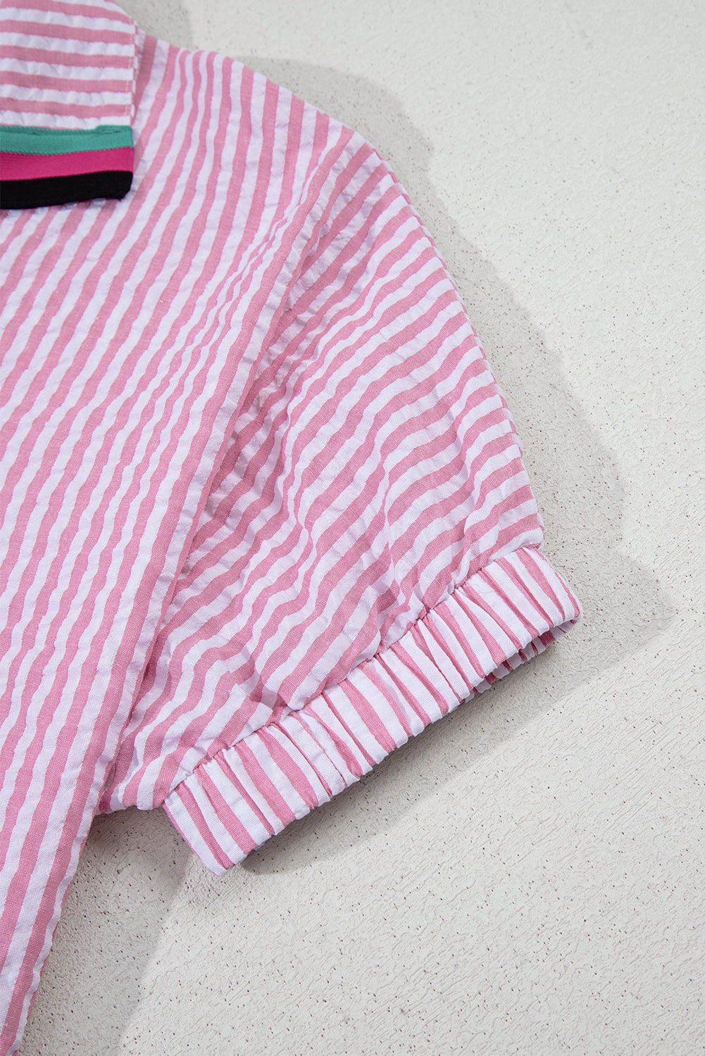 Sachet Pink Striped Print Contrast Split Neck Dolman Sleeve Blouse