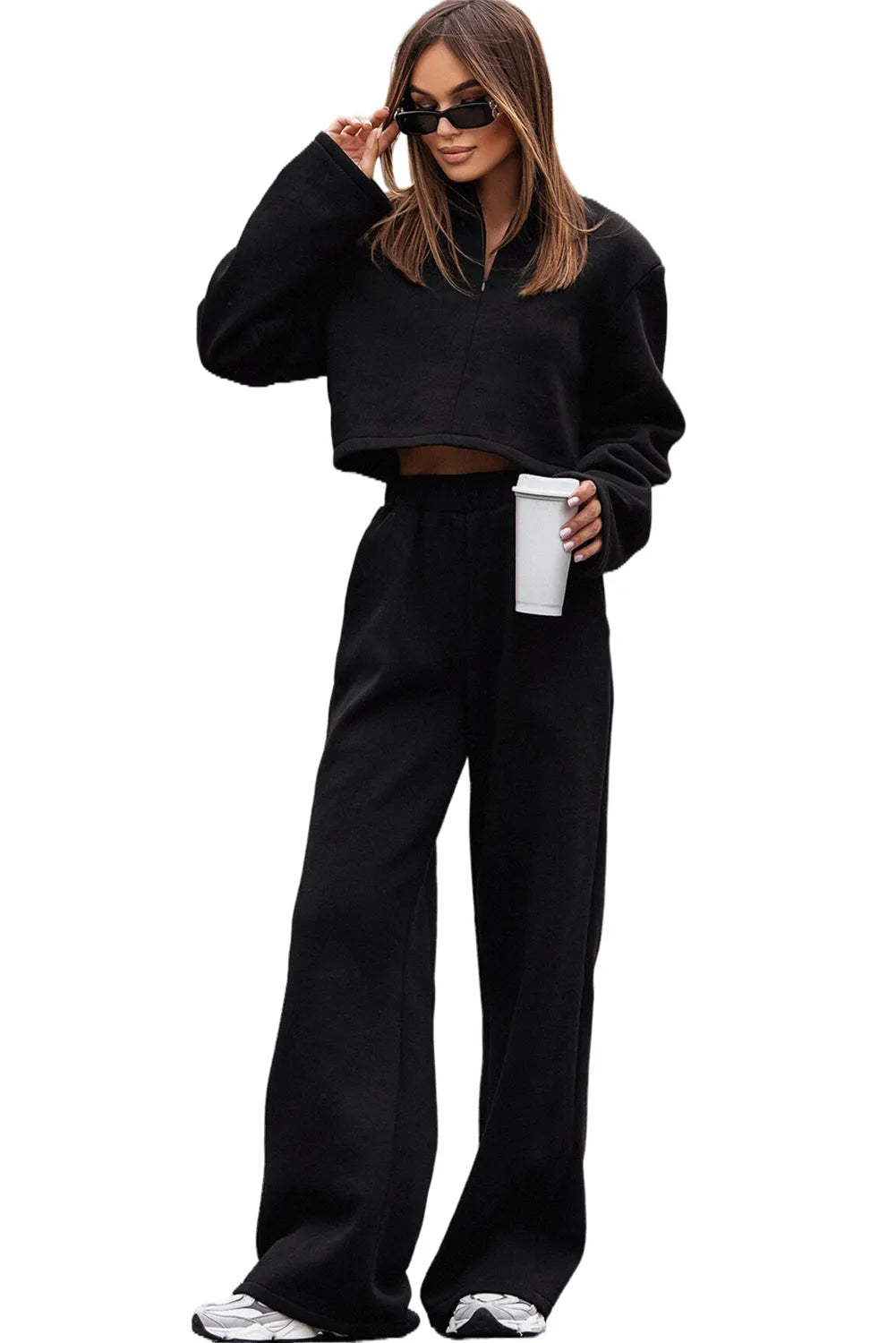 Black Zipped Collared Crop Top and Wide Leg Pants Set - Chic Meadow Boutique 