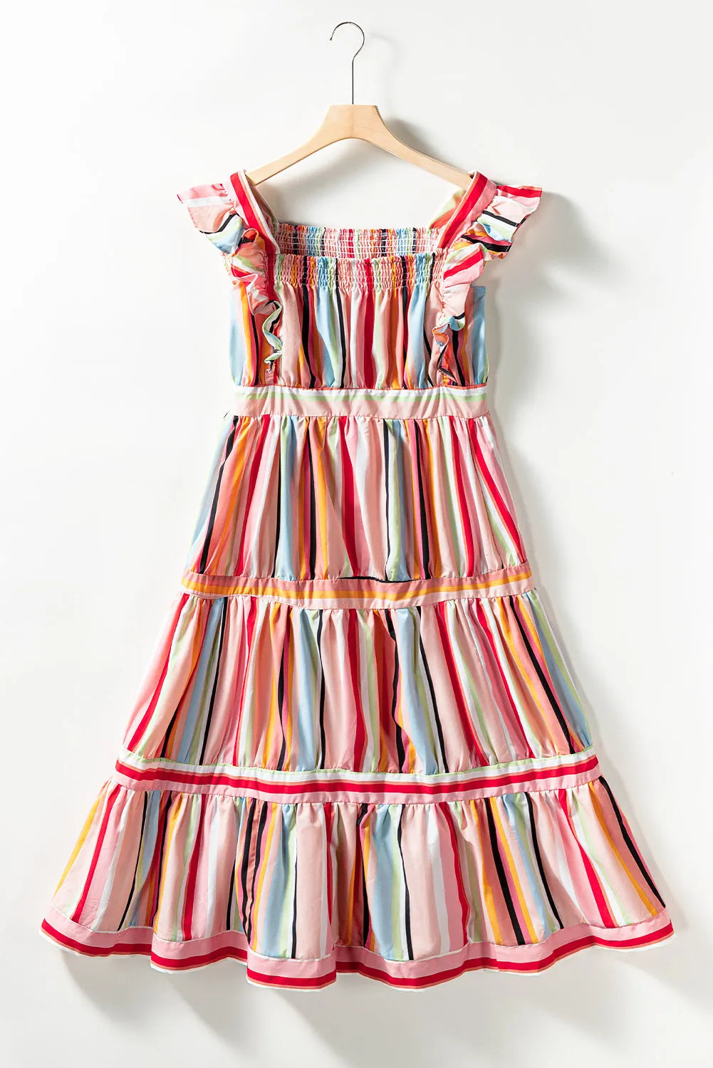 Pink Rainbow Stripe Ruffles Ruched Tiered Dress - Chic Meadow Boutique 