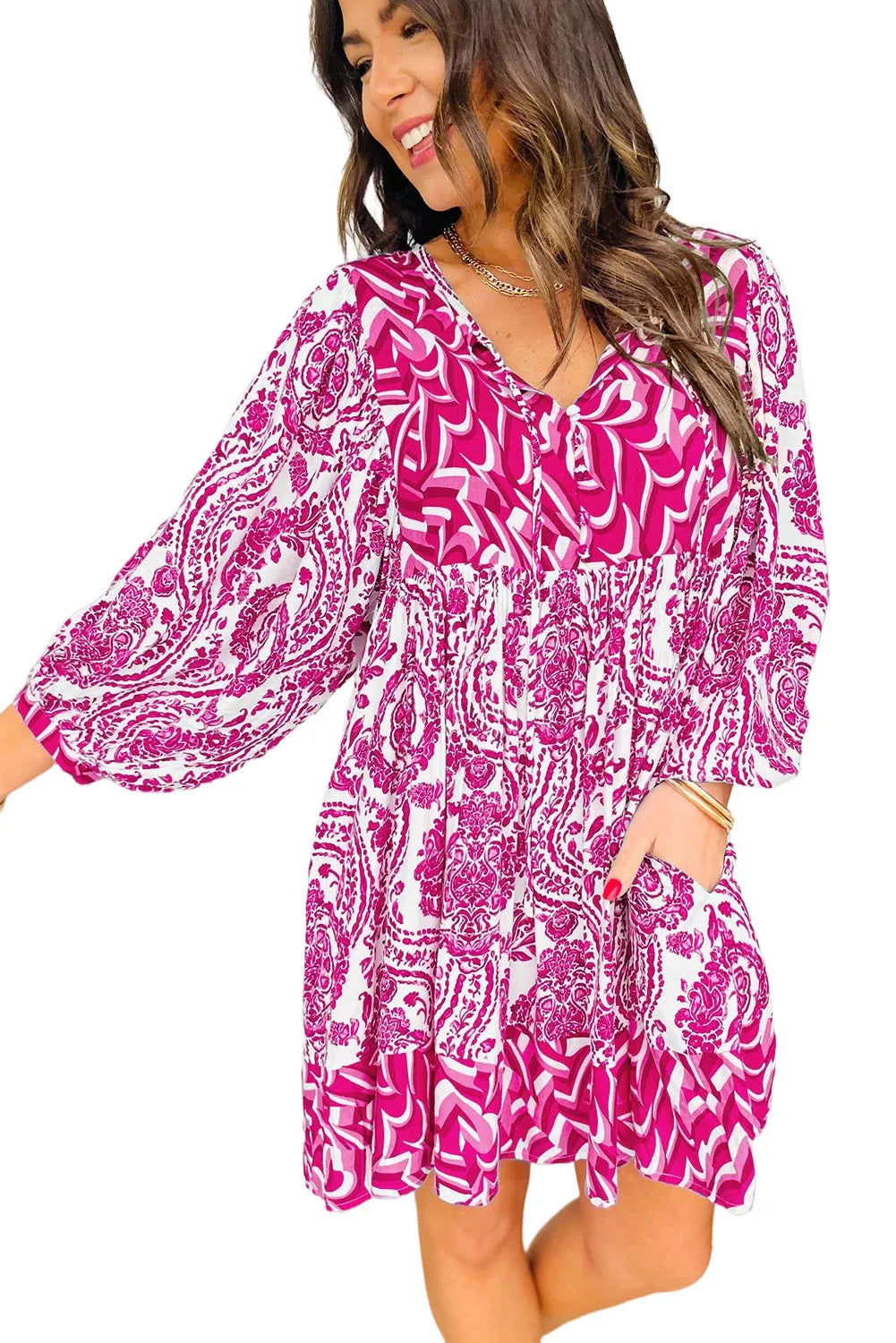 Rose Bohemian Print Puff Sleeve Tied V Neck Flared Mini Dress - Chic Meadow Boutique 