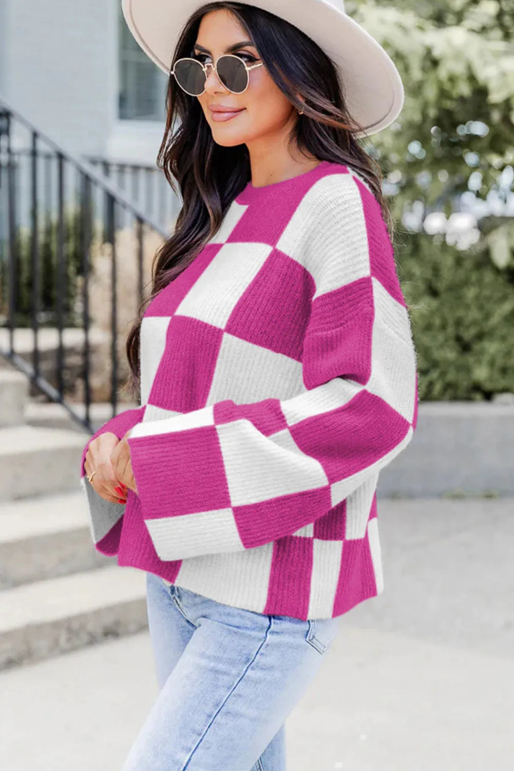 Bright Pink Checkered Round Neck Baggy Sweater - Chic Meadow Boutique 