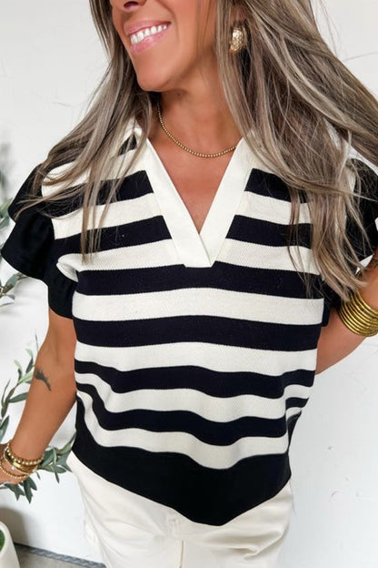 Black Stripe Collar V Neck Ruffled Short Sleeve Blouse