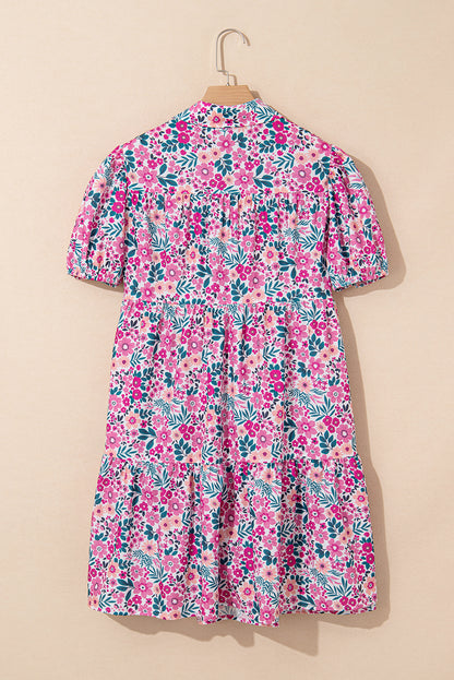 Pink Floral Collared Half Placket Short Sleeve Loose Dress
