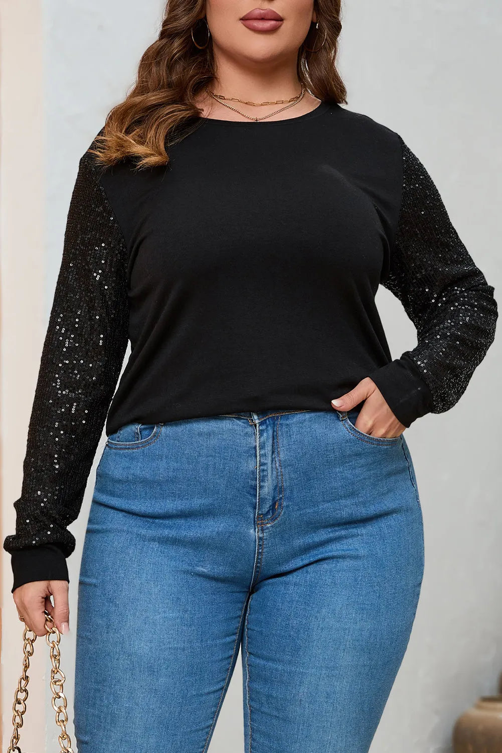 Black Sequin Contrast Long Sleeve Plus Size Top - Chic Meadow Boutique 