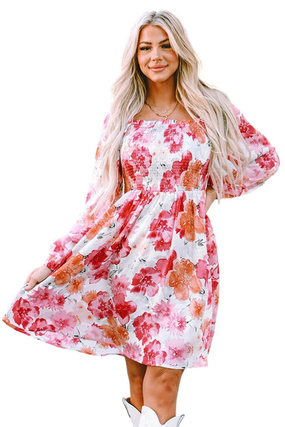 White Floral Print Smocked Puff Sleeve Mini Dress - Chic Meadow Boutique 