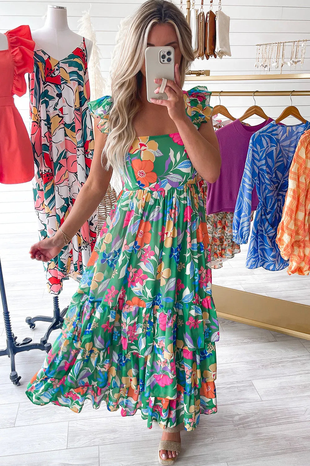 Green Floral Print Sleeveless Ruffle Tiered Maxi Dress - Chic Meadow Boutique 