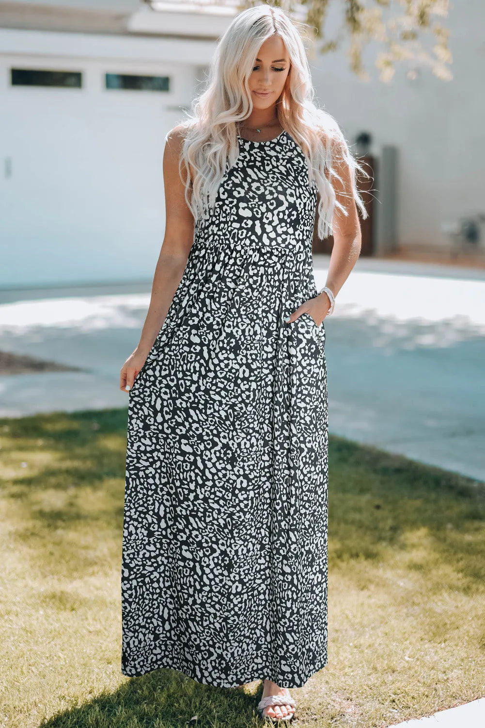 Gray Leopard Print Pocketed Sleeveless Maxi Dress - Chic Meadow Boutique 