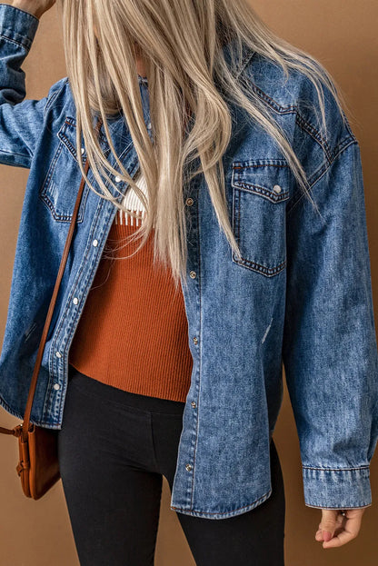 Chest Pockets Long Sleeve Denim Shirt Jacket - Chic Meadow Boutique 