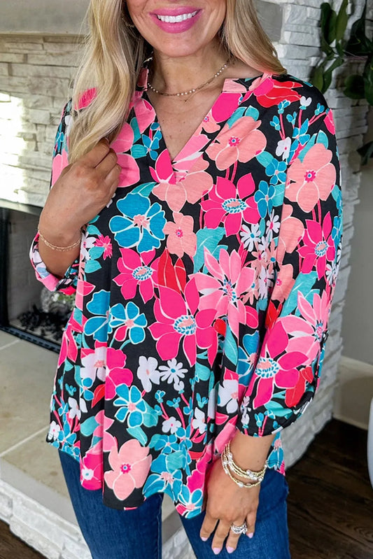 Pink Floral V Neck Roll Tab Sleeve Blouse - Chic Meadow Boutique 