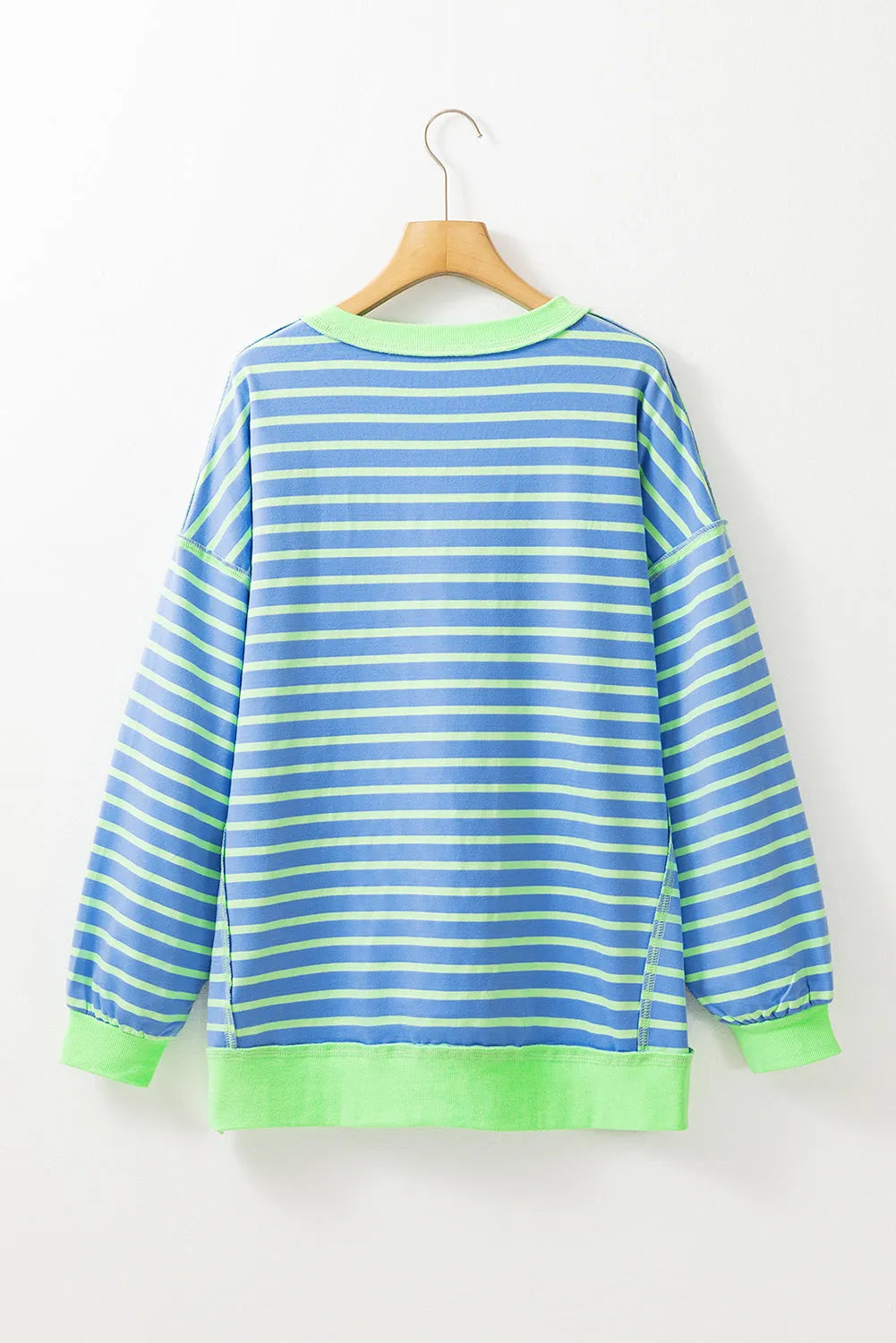 Sky Blue Stripe Contrast Trim High Low Pullover Tunic Sweatshirt - Chic Meadow Boutique 