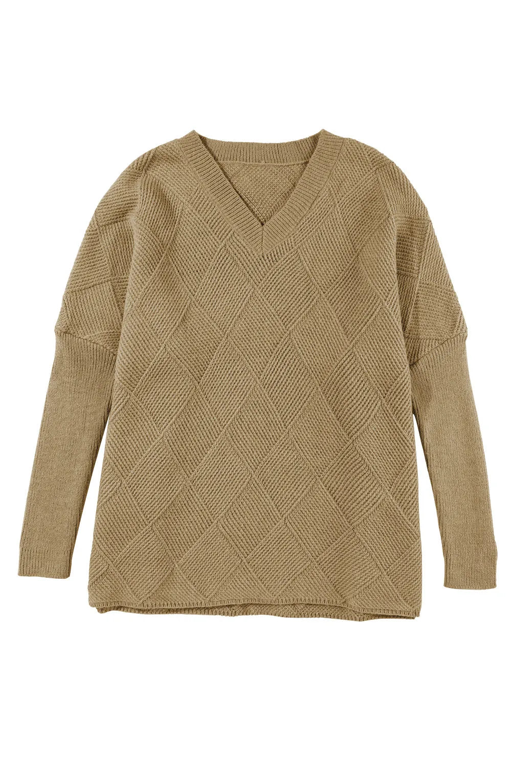 Camel Checkered Textured Batwing Sleeve Sweater - Chic Meadow Boutique 