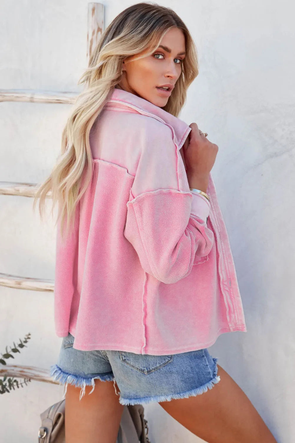 Pink Turn-Down Collar Pockets Shirt Jacket - Chic Meadow Boutique 