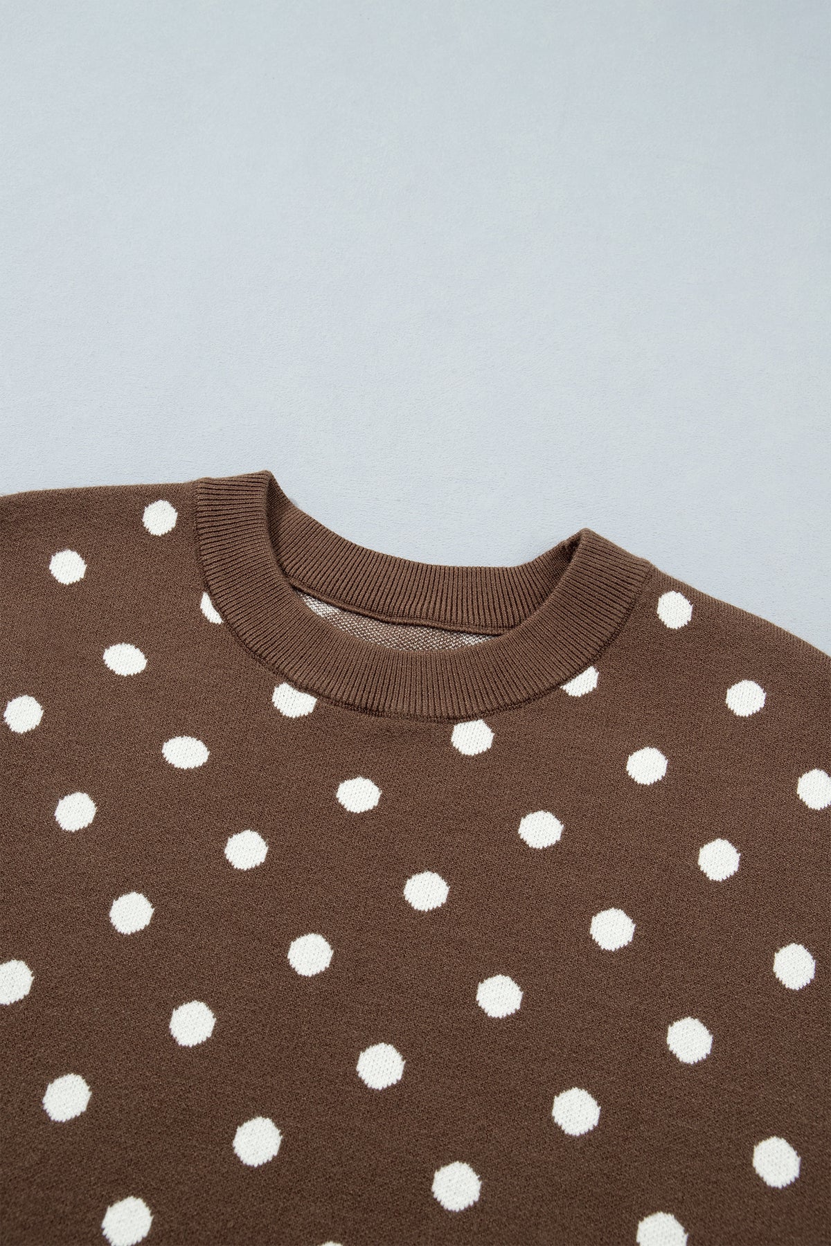 Brown Dolman Short Sleeve Round Neck Polka Dot Sweater