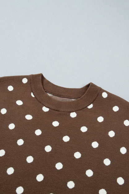 Brown Dolman Short Sleeve Round Neck Polka Dot Sweater
