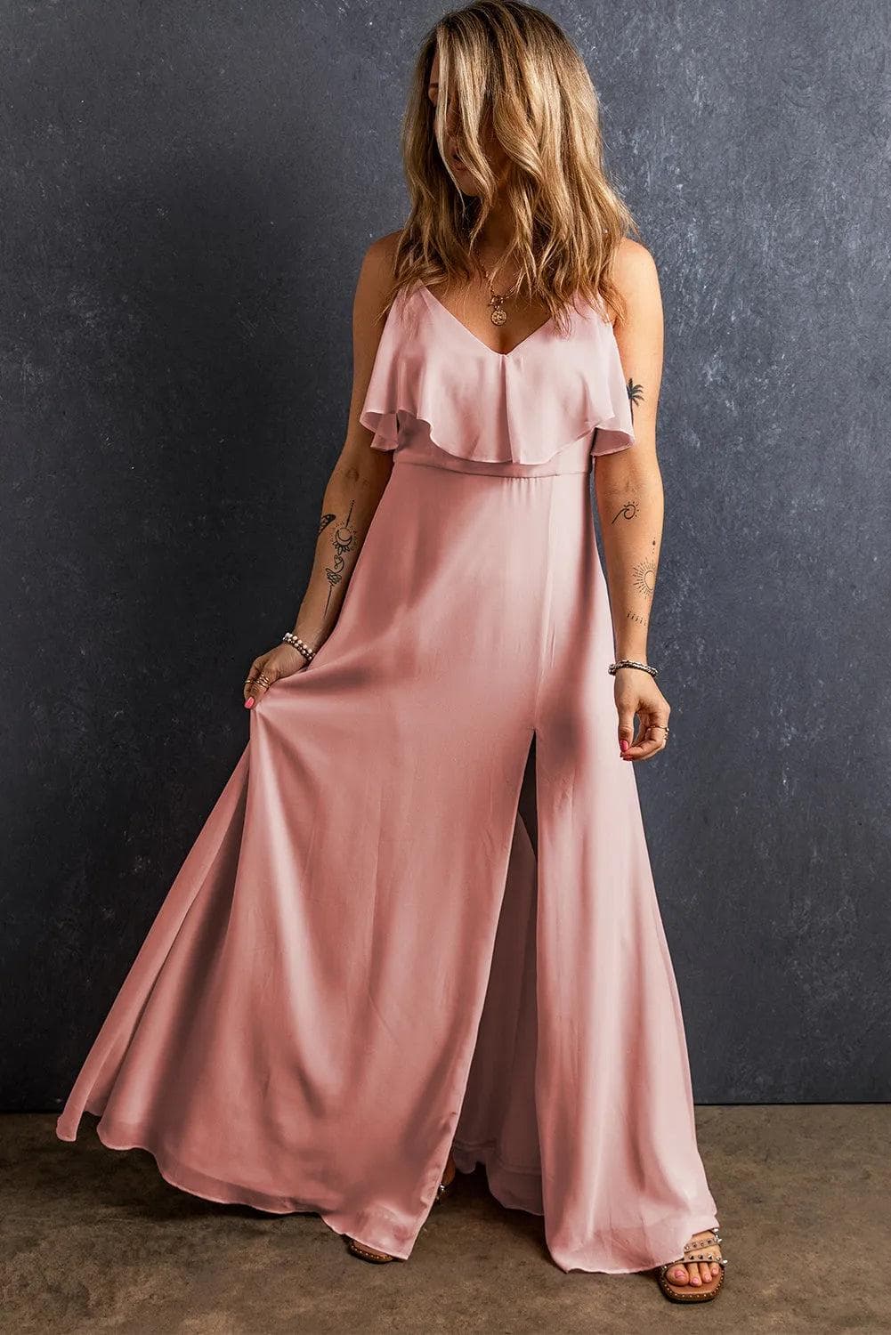 Dresses/Maxi Dresses Light Pink Spaghetti Straps V Neck Ruffled Split Long Dress