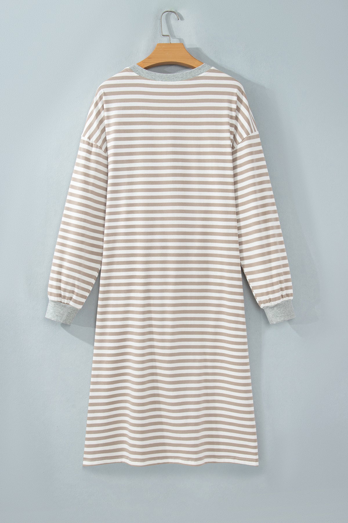Khaki Stripe Striped Colorblock Cuffs Round Neck Long Sleeve Shift Dress