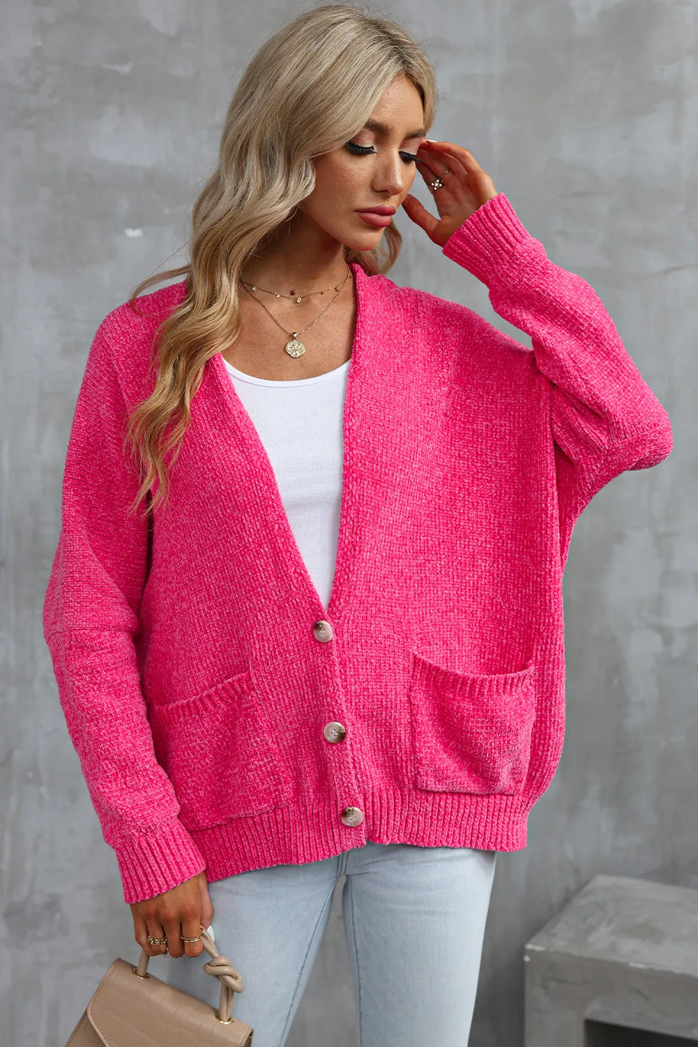 Rose Buttons Front Pocketed Sweater Cardigan - Chic Meadow Boutique 