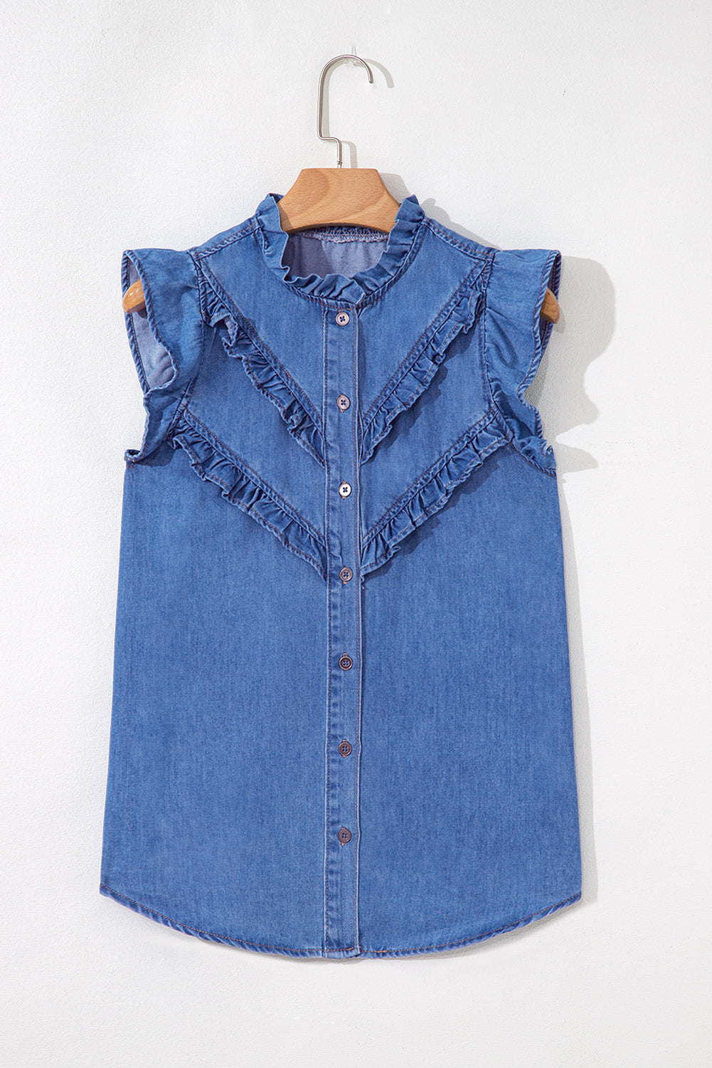 Sky Blue Mineral Wash Cap Sleeve Frilled Button Up Denim Shirt